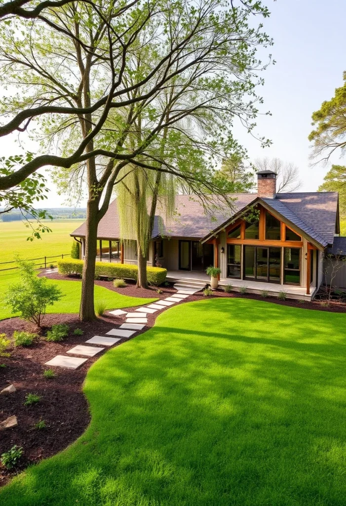 Ranch house with large windows, a stone pathway, mature trees, and an expansive green lawn.