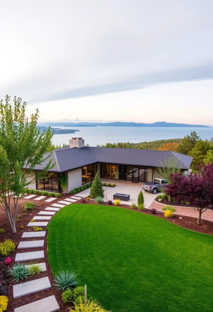 Ranch house with large glass walls, a stepping stone path, and a landscaped yard overlooking a scenic water view.