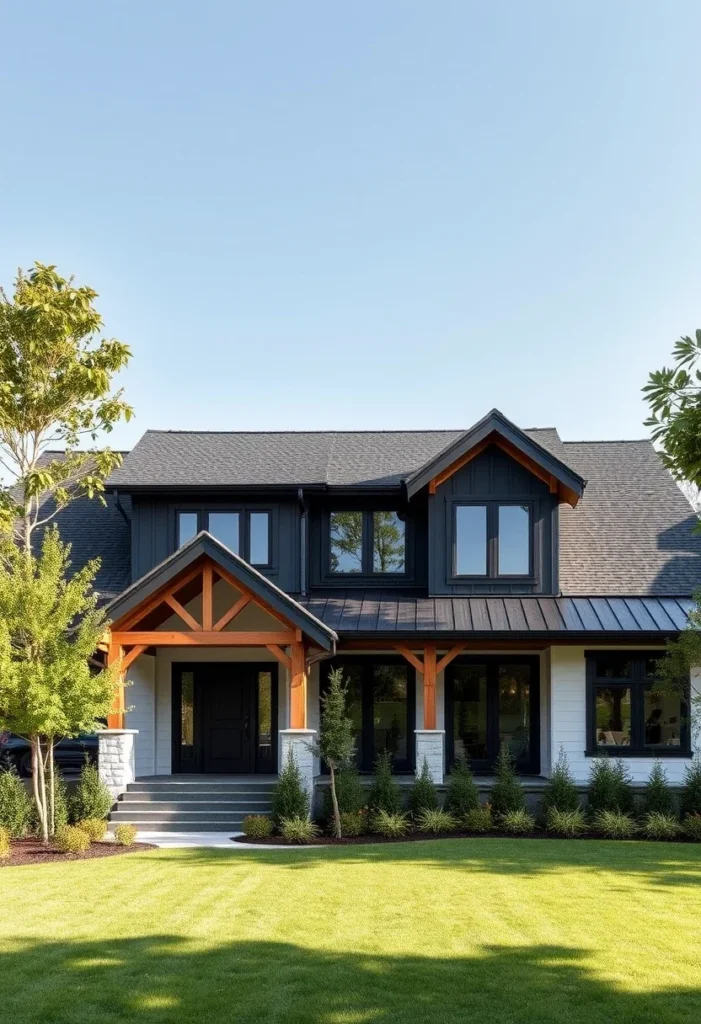 Ranch house with dark tones, exposed wooden beams, and a neatly landscaped front yard. Let me know when you're ready for the next photo!