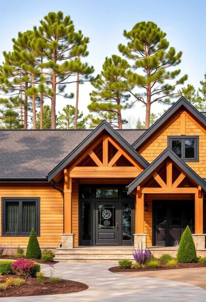 Ranch house with natural wood siding, wooden trusses, a stone base, and vibrant landscaping