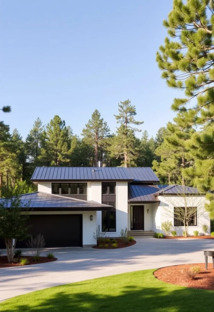 Modern ranch house with a metal roof, white walls, a clean driveway, and subtle landscaping.