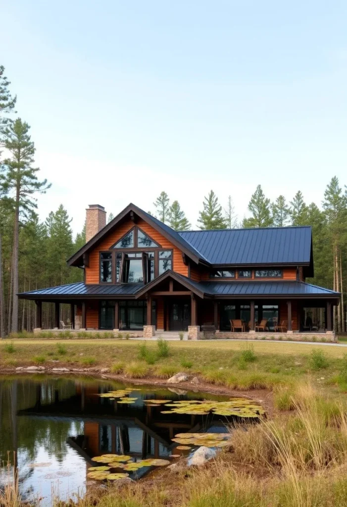 Ranch house with natural wood siding, metal roof, large windows, and a wraparound porch overlooking a pond.