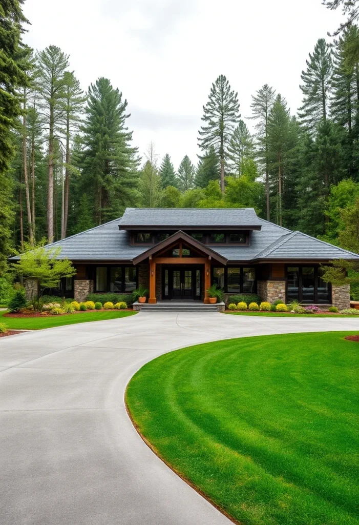 Curved stone pathway leading to a ranch house surrounded by greenery and trees.