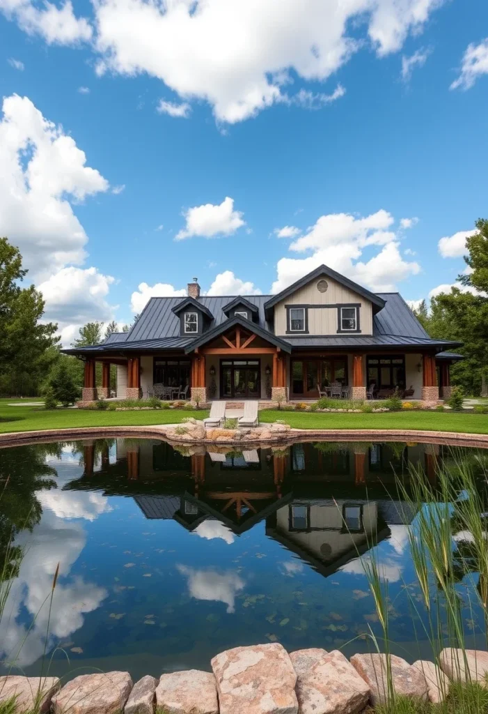 Ranch house with a metal roof, wooden beams, and a reflective pond surrounded by a landscaped yard.