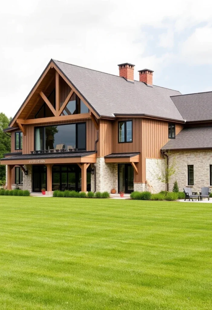 Ranch house with wood siding, stone accents, large glass windows, and an upper balcony overlooking a green lawn.