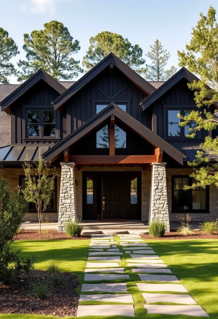 Ranch house with a bold black exterior, stone pillars, warm wood accents, and a linear stone pathway.