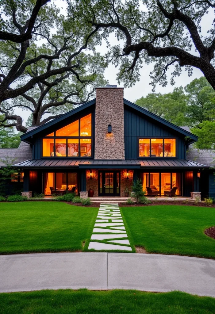 Ranch house with warm interior lighting, large glass windows, a stone chimney, and a geometric pathway.