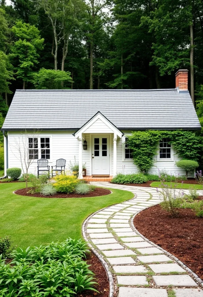 White ranch house with climbing greenery, a curved stone pathway, and a neatly landscaped lawn.