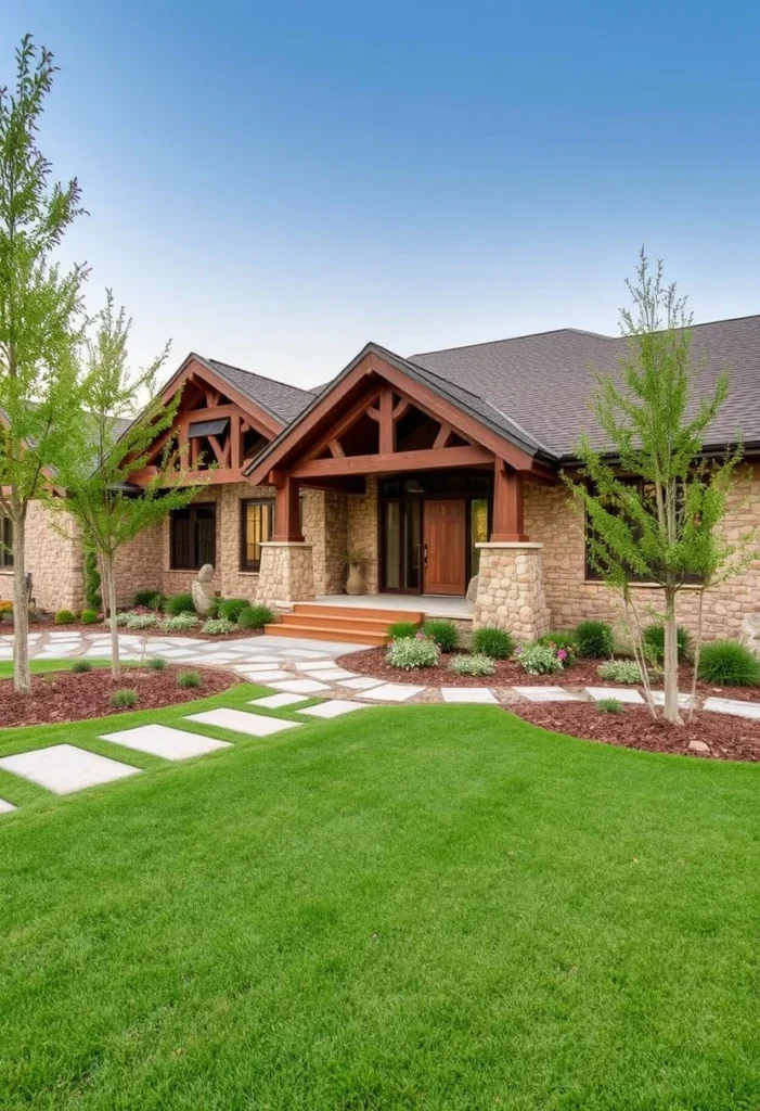 Rustic ranch house with stone walls, wooden beams, angular gables, and a stone pathway surrounded by greenery.