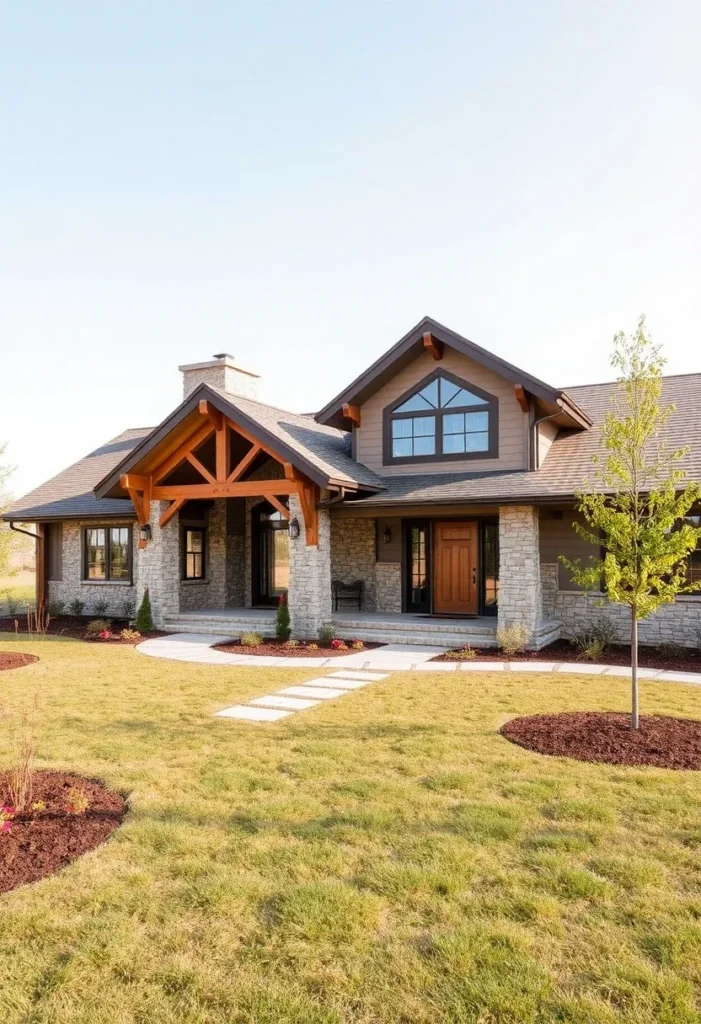 Ranch house with stone exterior, warm wooden accents, exposed timber beams, and symmetrical windows.