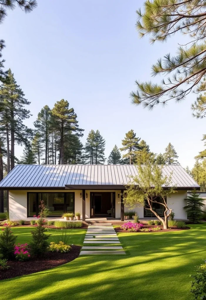 Minimalist ranch house with metal roof, large windows, and vibrant garden landscaping in a wooded setting.