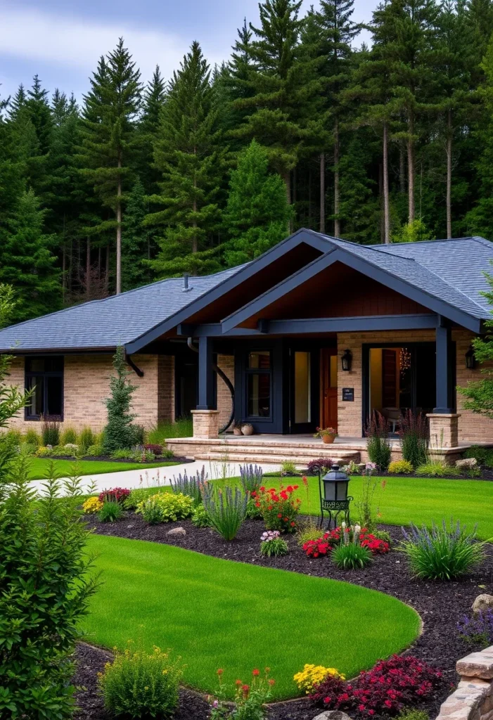 Ranch house with brick exterior, modern accents, vibrant landscaping, and forest backdrop.