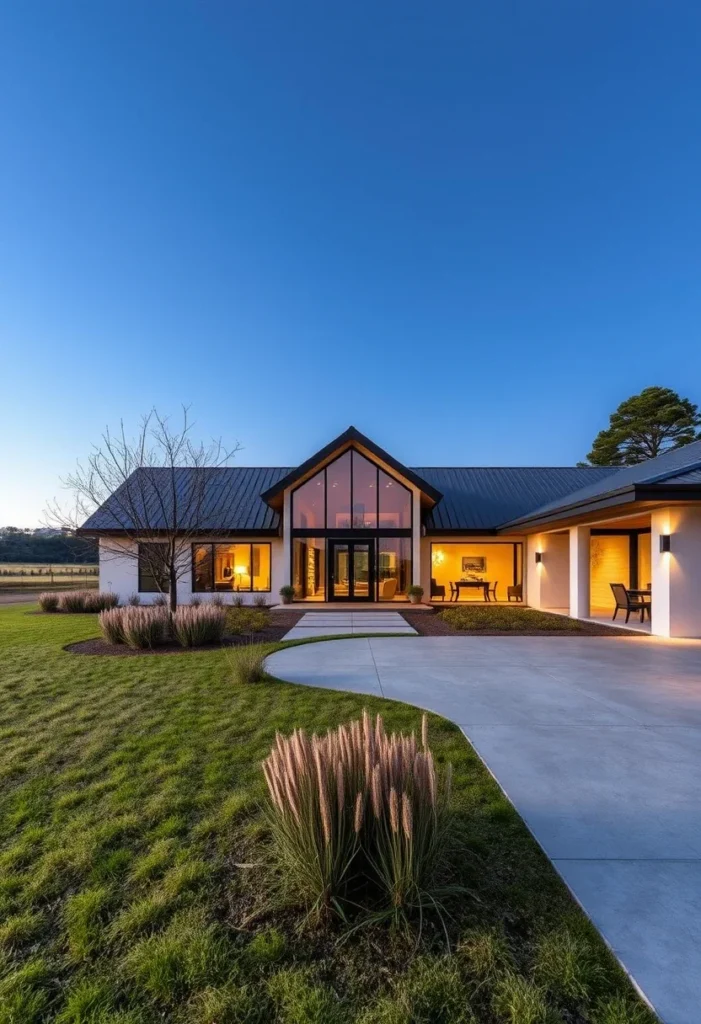 Modern ranch house with metal roof, large glass facade, and warm interior lighting at twilight.