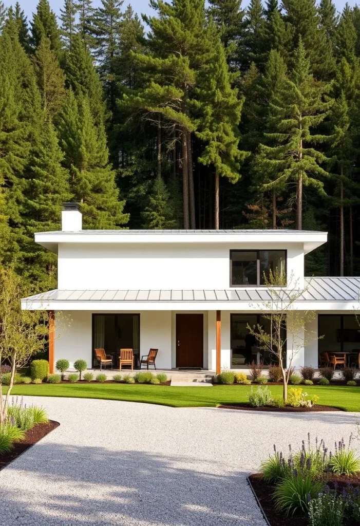 Symmetrical ranch house with a curved driveway, lush lawn, and landscaped yard surrounded by tall trees.