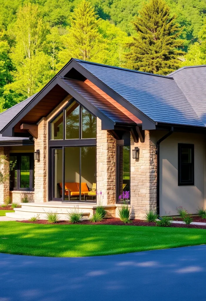 Modern ranch house with stone accents, large glass windows, and lush green surroundings.