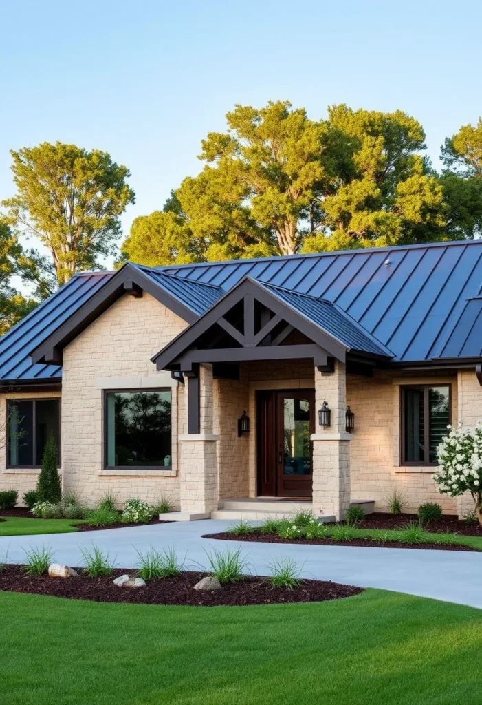 Ranch house with brick exterior, modern metal roof, and manicured green lawn.