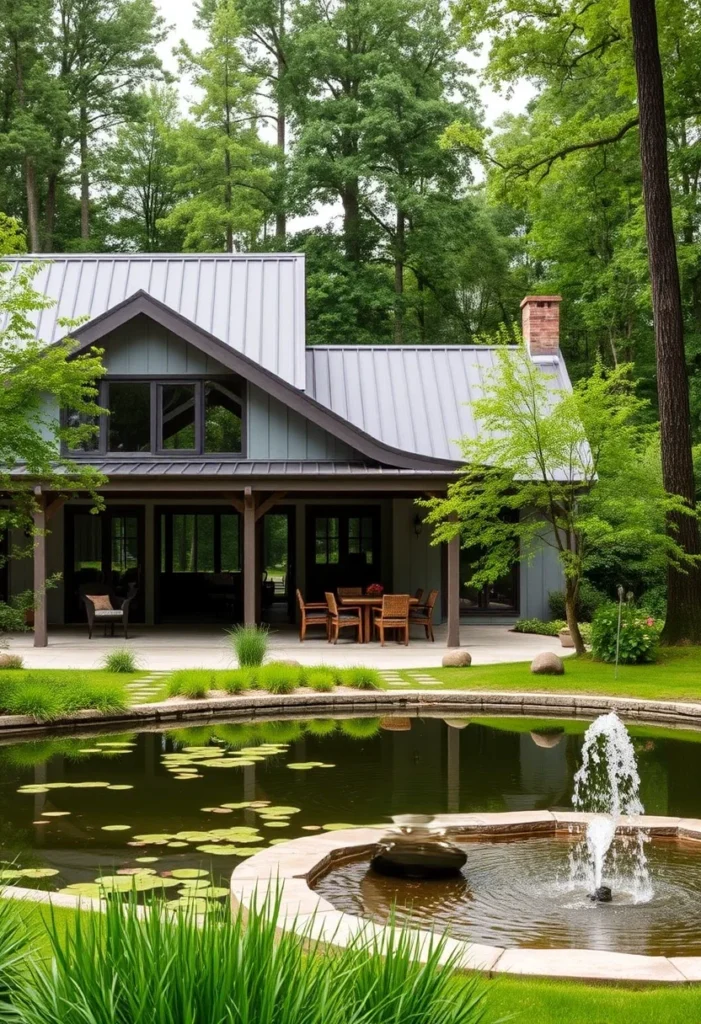 Ranch house with a backyard lily pond, fountain, and open porch dining area surrounded by trees.