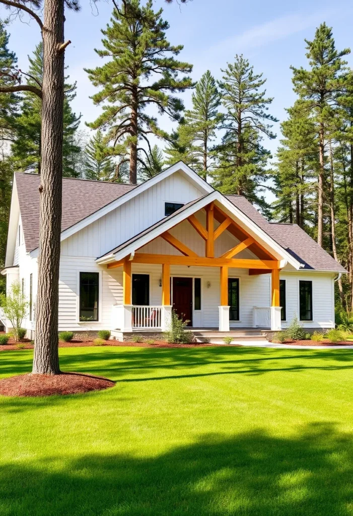 White modern farmhouse with timber porch beams, surrounded by pine trees and a vibrant green lawn.