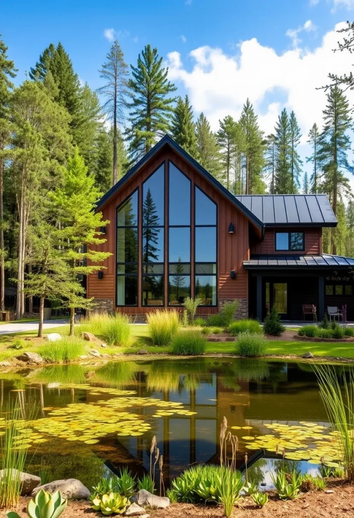 Modern A-frame house with floor-to-ceiling windows, wood exterior, and a scenic pond surrounded by lush greenery.