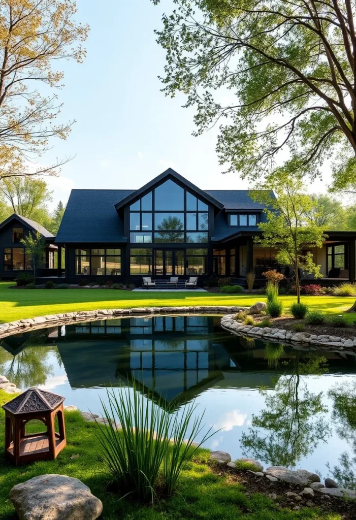 Ranch house with large glass windows, a reflective pond, and a landscaped backyard featuring natural stone borders