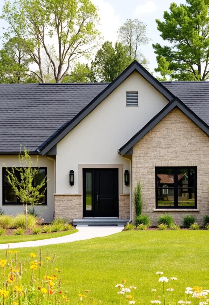 Ranch house with neutral tones, textured stone walls, dark-framed windows, and a landscaped front yard.