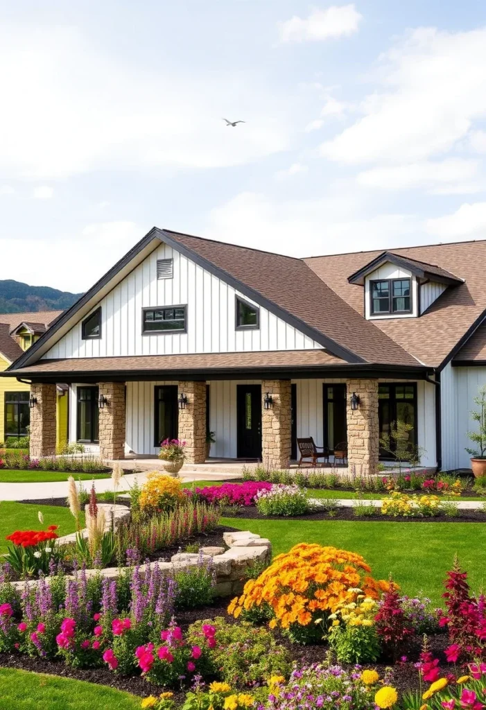 Ranch house with colorful flower beds, white siding, and stone columns under a sloping brown roof.