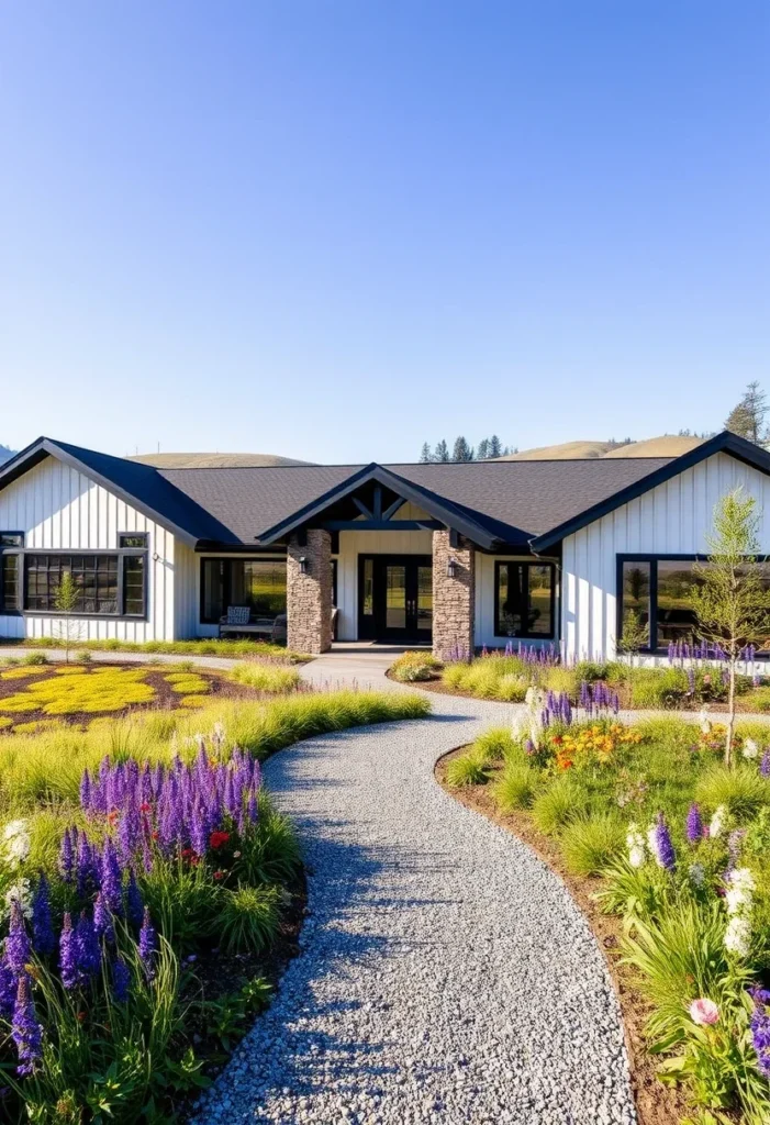 Ranch house with a gravel pathway, colorful flower garden, and stone column accents under a dark roof.