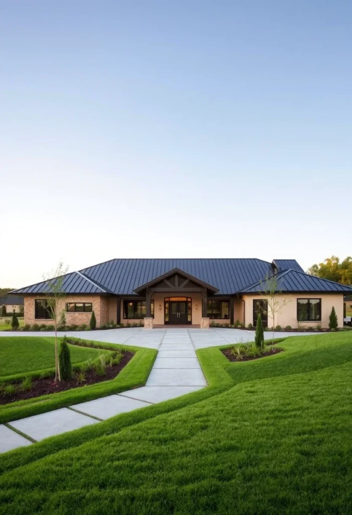 Ranch house with wide concrete pathways, a metal roof, and a neatly landscaped lawn.