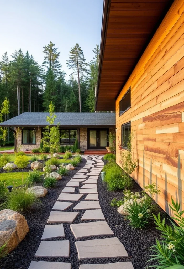 Ranch house with a rustic stone walkway, wooden siding, black mulch, and landscaped greenery.