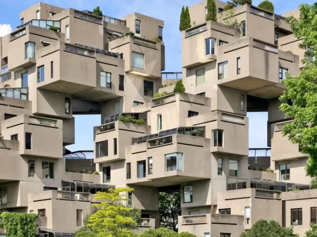 A wide view of Habitat 67, a landmark example of Brutalist architecture design featuring interlocking concrete modules.