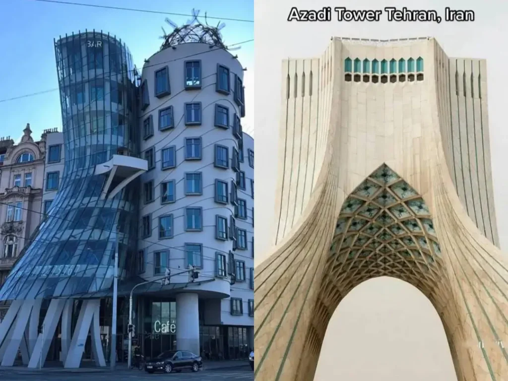 A collage of diverse architectural ideas, contrasting the modern, fluid form of the Dancing House with the classic, monumental Azadi Tower.