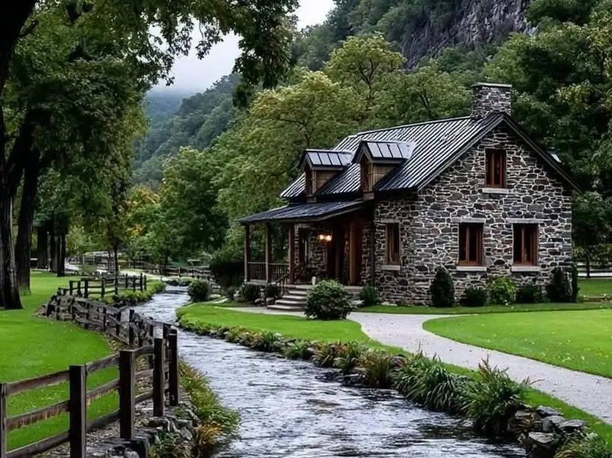 A rustic stone cottage house design with a dark metal roof, nestled beside a flowing creek in a lush green valley.