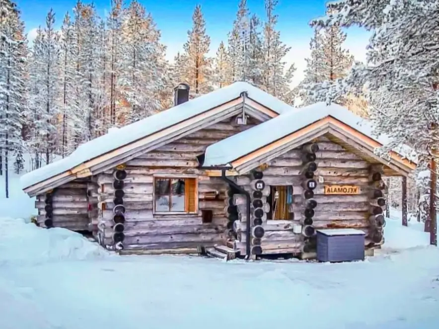 A small rustic log cabin covered in snow during winter, nestled in a forest of pine trees.