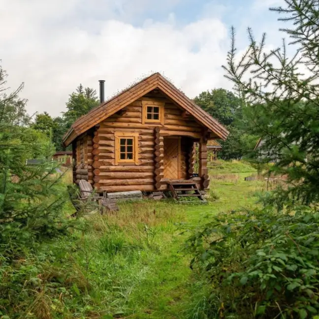Small Log Cabins: 36 Ideas for Cozy Living & Enduring Charm 3 A small rustic log cabin with a traditional sod roof, nestled in a lush green clearing.