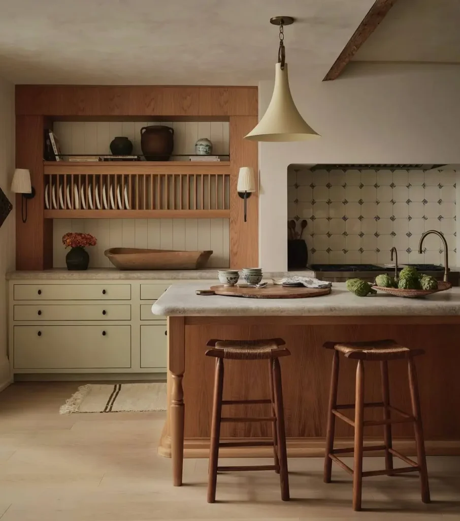 Modern farmhouse kitchen with light wood cabinets, a built-in plate rack, and a patterned tile backsplash.