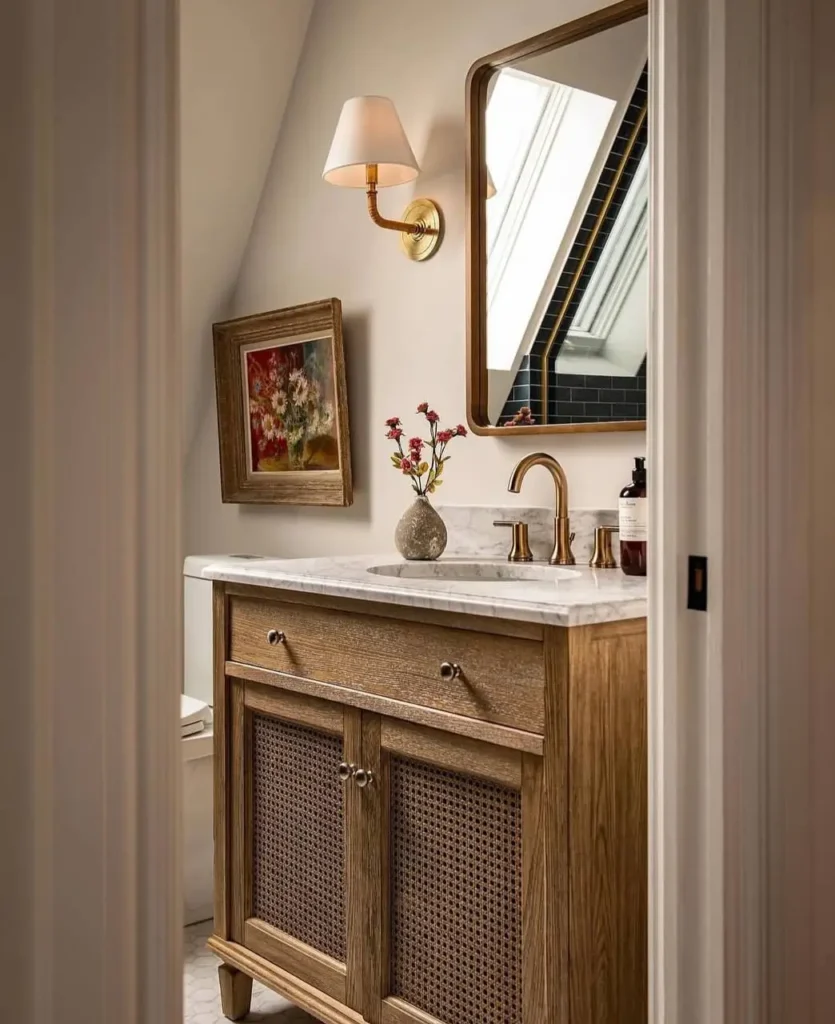 Modern farmhouse powder room with a wood and cane vanity, brass fixtures, and a marble countertop.