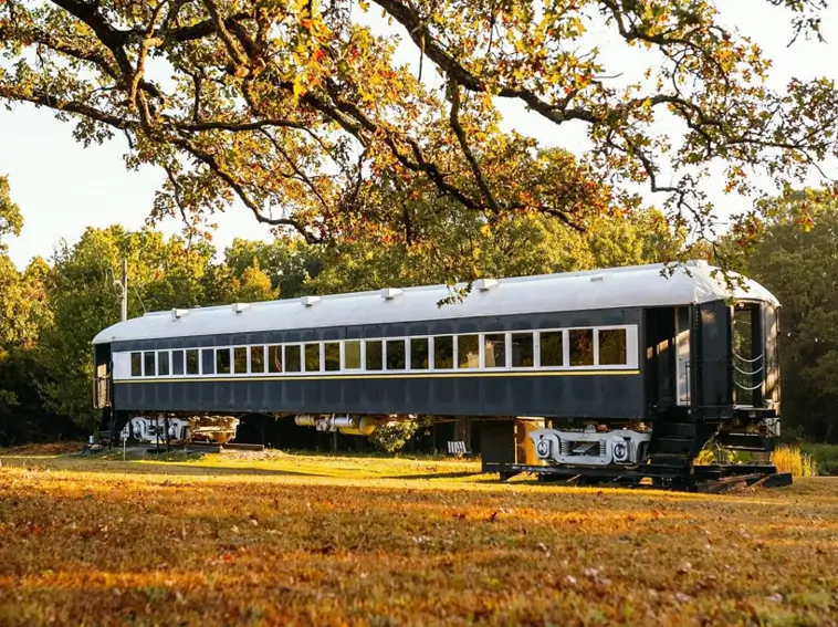 A unique house design created from a converted 100-year-old black train car resting in a sunlit field.