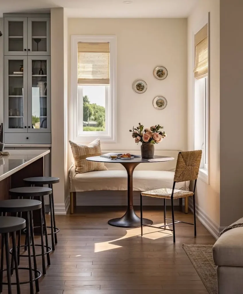 Modern farmhouse breakfast nook with built-in banquette seating, a pedestal table, and woven chair.