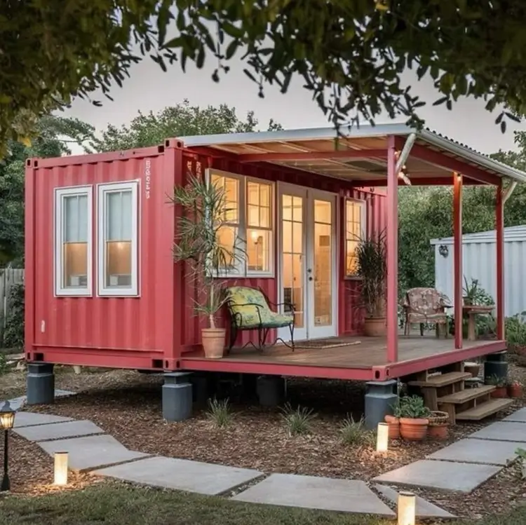 A vibrant red small shipping container home designed in a cottage style with a classic wooden covered porch and traditional windows.