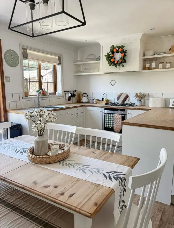 Modern farmhouse eat-in kitchen with a pine table, white spindle chairs, and a black geometric light fixture.
