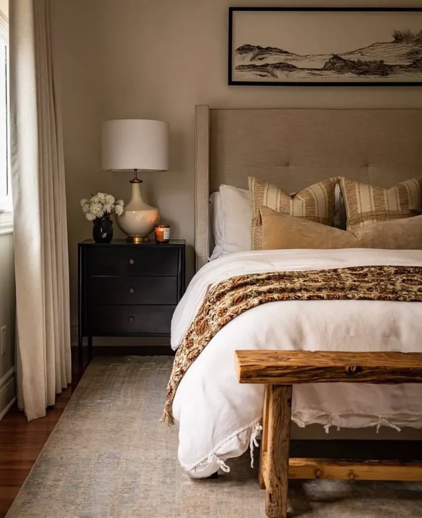 Modern farmhouse bedroom with a rustic wood bench, upholstered headboard, and black nightstand.