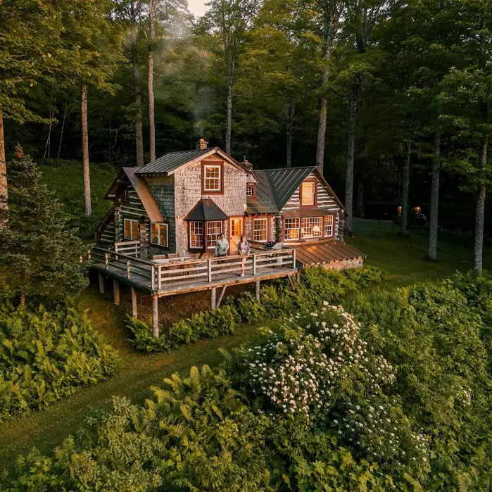 A stunning house design of a rustic log and shake cabin on an elevated deck in a lush green forest.