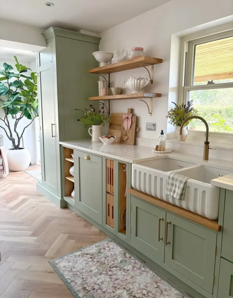 Modern farmhouse kitchen with sage green cabinets, an apron-front sink, and open wood shelving.