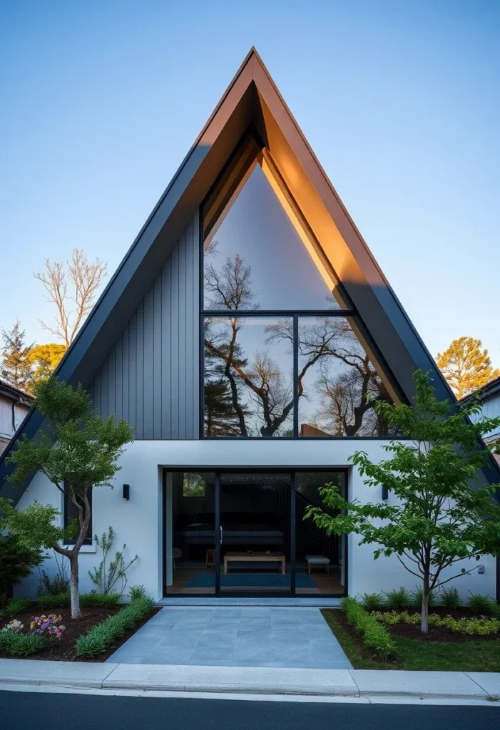 Modern A-frame house design with large triangular window.