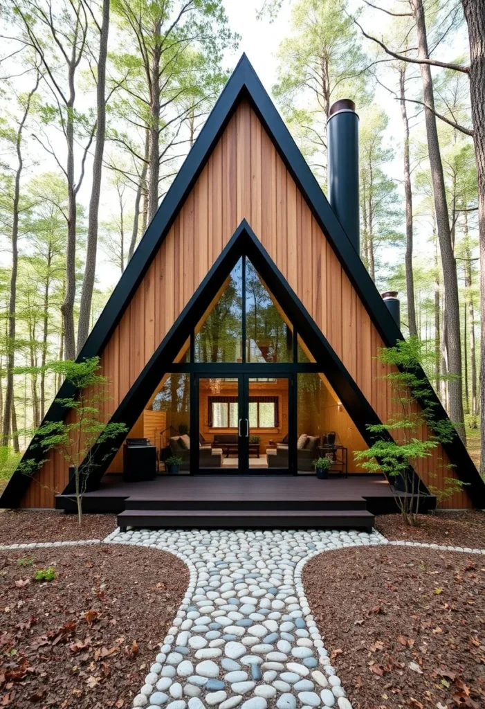 A-frame house with wood siding and pebble pathway.