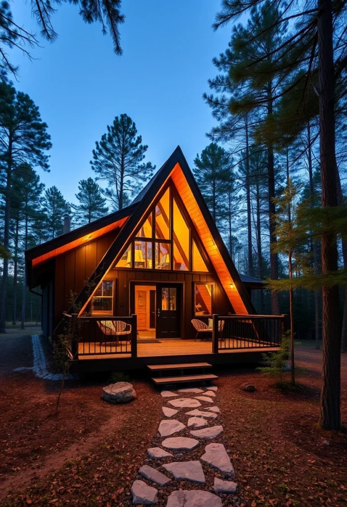 A-frame cabin at twilight with stone path and lit interior.