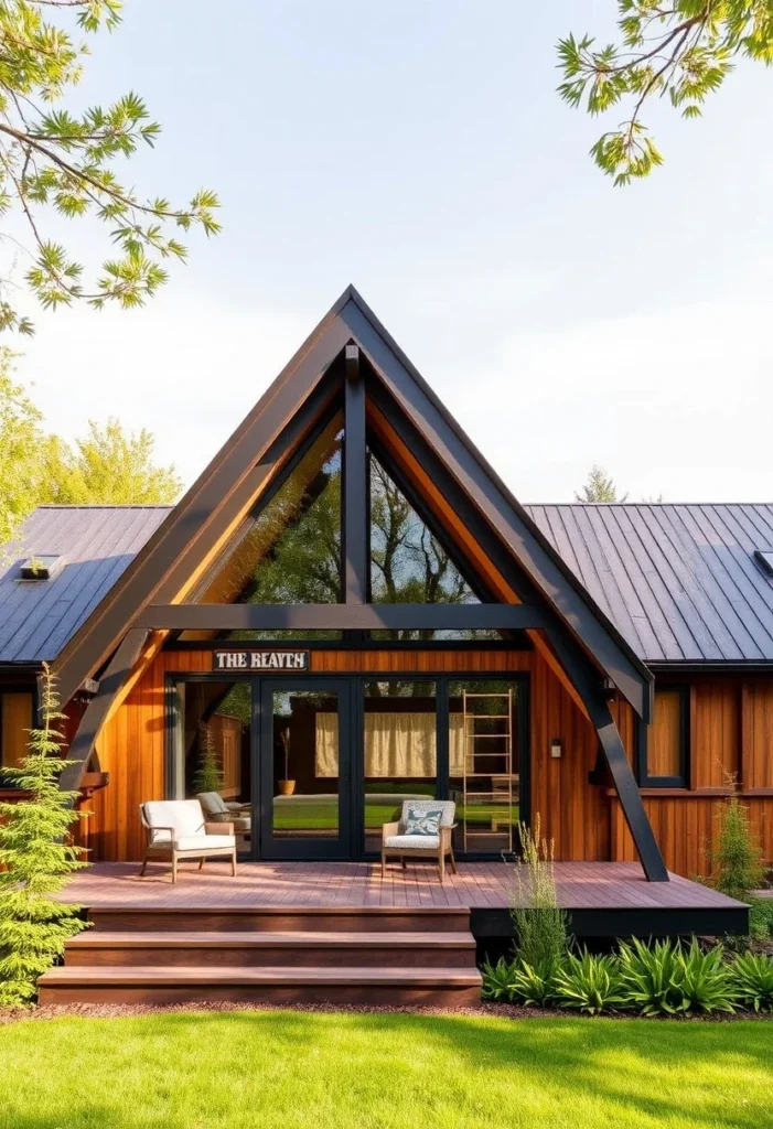 A-frame house with wooden siding, black accents, and named entrance.