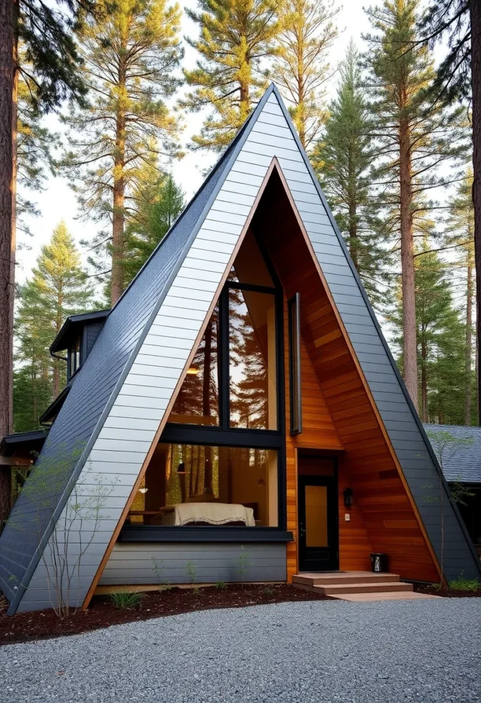 A-frame cabin with mixed wood and metal exterior.