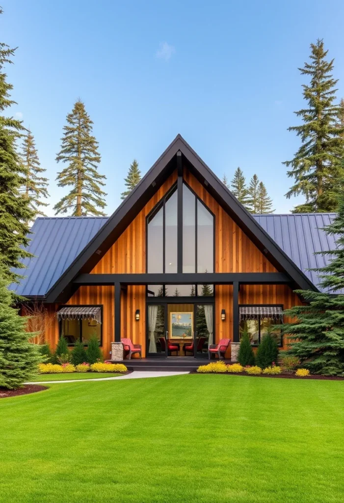 Large A-frame house with wood siding and manicured lawn.