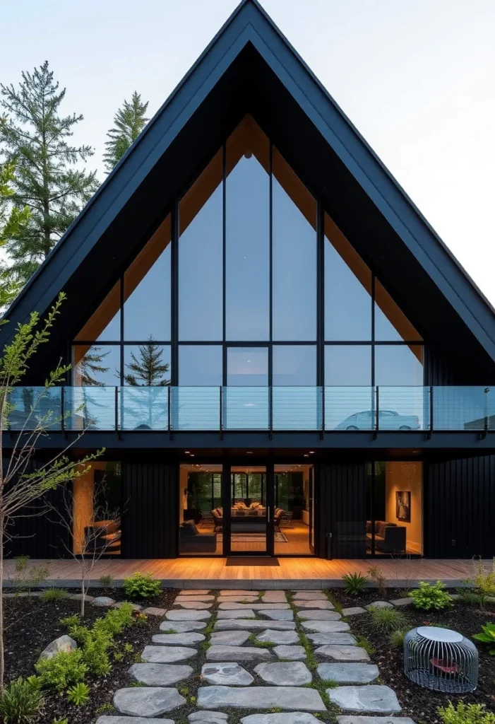 Modern black A-frame house with glass balcony and stone pathway.